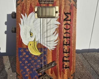 Guitars, Cigar Box Guitars, Electric Guitars, Instruments, 3 Strings, Hand made Instruments, Folk Instruments, Eagle, Freedom, Patriotic,