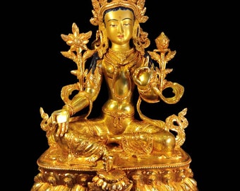 Genuine Master Piece Hand Made Tibetan Green Tara Buddha Statue full 24k Gold plated Arya Tara Thangka Buddhism Karmapa Karma Kagyu