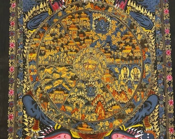 Large Rare Genuine HandPainted Masterpiece Tibetan Wheel of life Mandala thangka thanka Gold leaf Painting  Buddhism meditation Compassion
