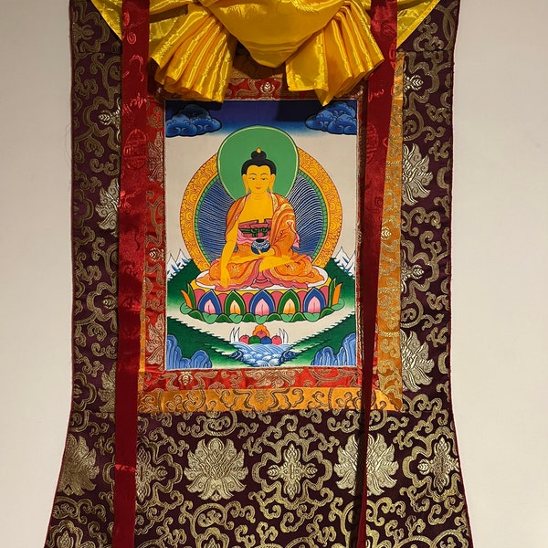Genuine HandPainted Original Tibetan Shakyamuni Buddha thangka thanka Gold leaf Painting  meditation Compassion Dhyani Buddha silk brocade