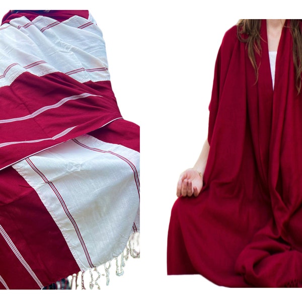 Large Hand Loomed high Quality Tibetan Meditation Shawl Ngakpa Ngakmo Shawl Buddhist Prayer  Monk Shawl Yoga Shawl Cotton Red White Shawl