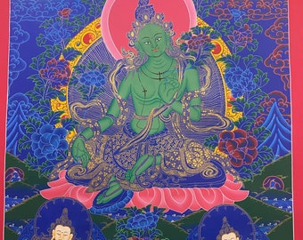 Rare Genuine Hand Painted Master piece Tibetan Green Tara thangka thanka Gold Painting  Buddha meditation Kagyu Arya Tara Female