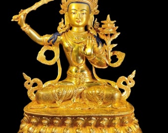 Genuine Hand Made Master piece Tibetan Manjushri Buddha Statue 12 inch full 24k Gold plated Stupa Meditaion Buddhism Manjushree Thangka