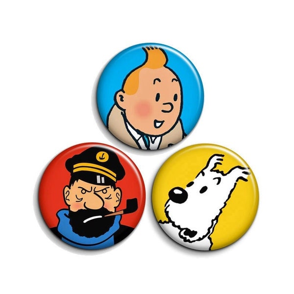 TINTIN set of 3 buttons / clips / magnets 1.5" - 3.8cm