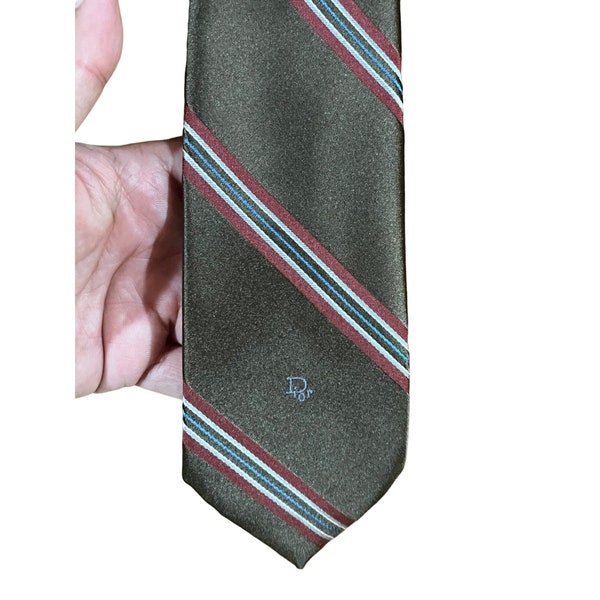 Christian Dior Italian Silk Polyester Mens Brown Navy Red Vintage Tie