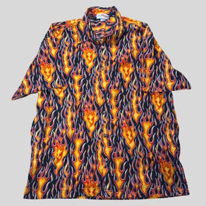 Flames Direct Vintage Button Up Shirt Mens XXL Made in USA Short Sleeve Graphic Flame Print Retro Streetwear Y2K