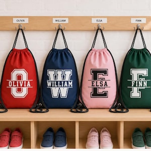 Personalised PE Bag for Kids, Custom Name and Initial Drawstring School Gym Bag