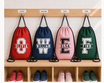 Personalised PE Bag for Kids, Custom Name and Initial Drawstring School Gym Bag