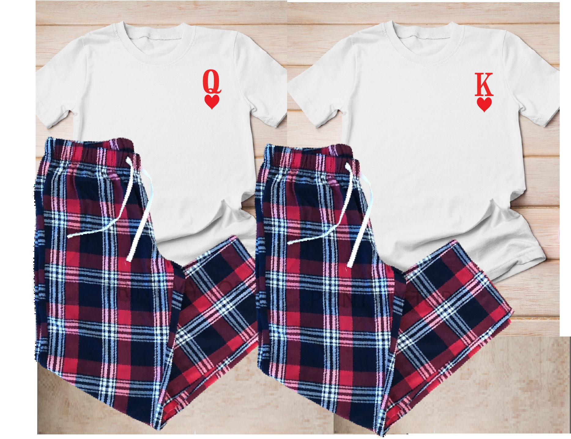 Matching His & Hers King Queen Tartan Pyjamas White Tops Couple Valentines Gifts