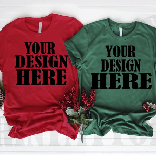 Mockup Tshirt Mockup Christmas Red Green Unisex Flat Shirt Mock up Styled TShirt Flat Lay Real Photo Couples His Hers Twinning