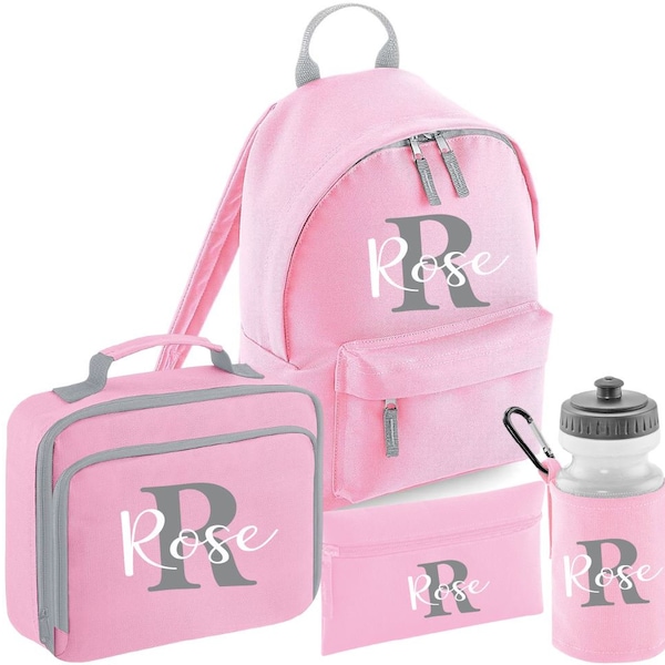 Personalised Back To School Name Initial School Bag Set Rucksack Lunch Bag Pencil Case Water bottle Pink Blue Grey Black