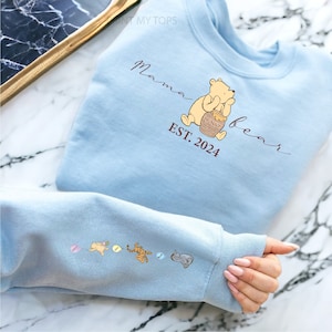 Personalised Winne The Pooh Mama Bear Est Jumper Sweatshirt Top Kids names on sleeve Gift for Mum, Nan, Gran Unique Meaningful Gift Ideas