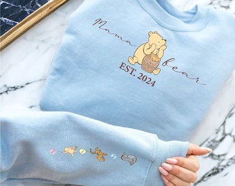 Personalised Winne The Pooh Mama Bear Est Jumper Sweatshirt Top Kids names on sleeve Gift for Mum, Nan, Gran Unique Meaningful Gift Ideas