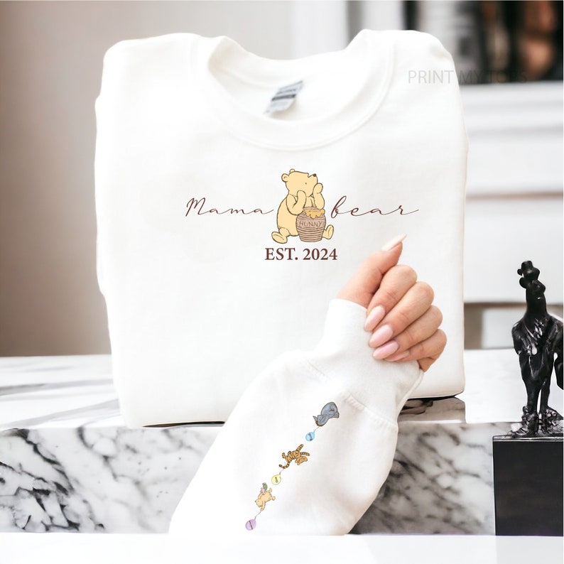 Personalised Winne The Pooh Mama Bear Est Jumper Sweatshirt Top Kids names on sleeve Gift for Mum, Nan, Gran Unique Meaningful Gift Ideas White