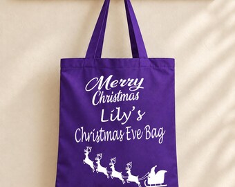 Personalised Christmas Eve Bag, Custom Name Cotton Tote, Santa Sleigh & Reindeer Gift Bag