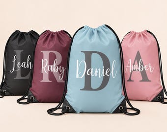 Personalisierte Schule PE Tasche Schwimmen mit Name Initial, Back to School Kordelzug Rucksack
