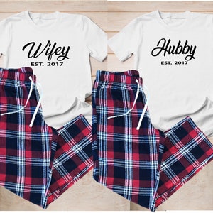 Personalised Matching His and Hers Hubby Wifey Tartan Pyjamas White Tops Couple Valentines Gifts