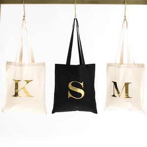 Borsa tote iniziale in oro personalizzata nera naturale