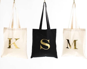 Personalised Gold Initial Tote Bag Black Natural