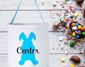 Personalised Kids Any Name Easter Bunny Bag Basket Bucket Egg Hunt sweets bag Party Pink Blue