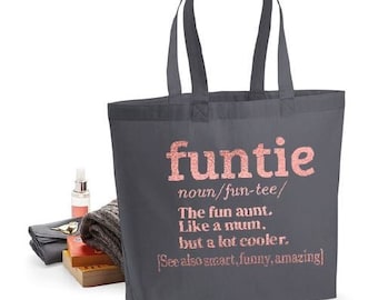 Funtie Auntie Grey Black Natural Rose Gold Text Tote Bag gift