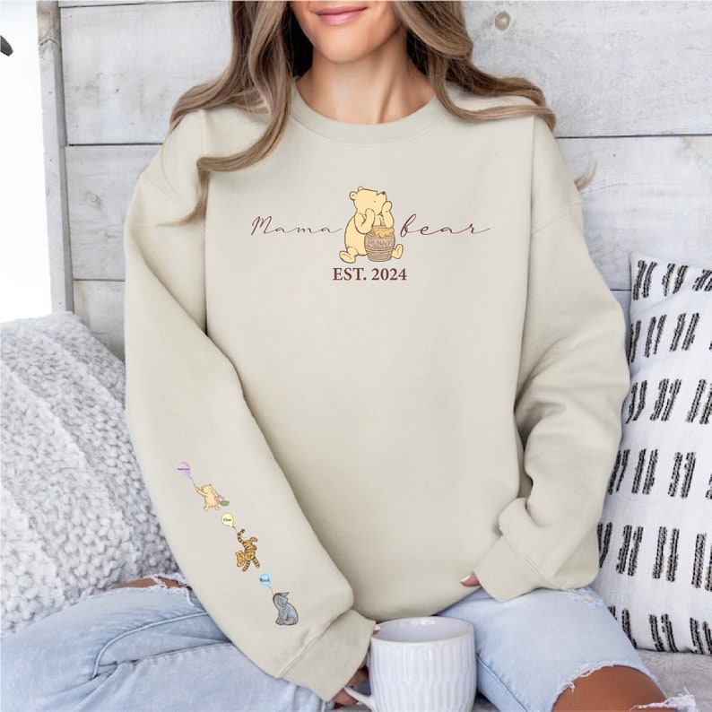 Personalised Winne The Pooh Mama Bear Est Jumper Sweatshirt Top Kids names on sleeve Gift for Mum, Nan, Gran Unique Meaningful Gift Ideas Beige