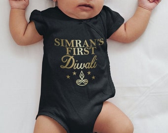 Personalized Baby's First Diwali Bodysuit - Metallic Gold Print, 100% Cotton