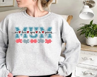 Personalised Mum I love you to pieces Jumper Sweatshirt Top Kids names on jigsaw pieces Gift for Mum, Nan, Gran  Ideas Grey Khaki White