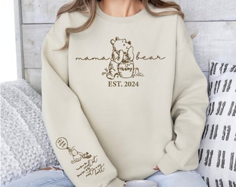 Personalised Winne The Pooh Mama Bear Est Jumper Sweatshirt Top Kids names on sleeve Gift for Mum, Nan, Gran Unique Meaningful Gift Ideas