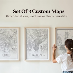 Set of 3 ANY CITY Map Posters, Personalized Map Prints, Custom Locations, Hometown Map, Modern Minimalist Decor, Home Office Wall Art | CU15