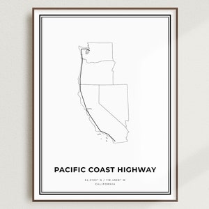 Impression de carte de la Pacific Coast Highway de Californie, Californie, carte minimaliste moderne, art mural bureau, cadeau d'anniversaire de pendaison de crémaillère | MU521