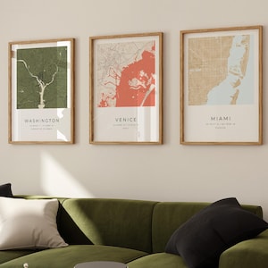 Lot de 3 plans de la ville personnalisés, palettes de couleurs design, affiches personnalisées des villes, rues et lieux d'origine, art mural carte moderne pour bureau à domicile |17