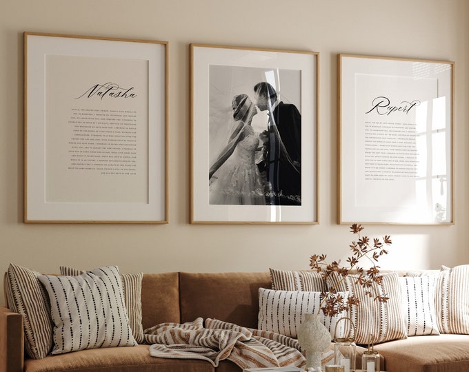 Custom Matching His and Hers Wedding Vows Canvas with Photo (Set of 3), Luxurious Wedding Vows Gift, Wedding Anniversary Gift | TE08