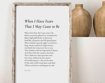 When I Have Fears That by John Keats Poem Print - Poetry Print Gift, Literaty Poster, Poem Wall Art, Poem Poster, Home Decor Print | PE47