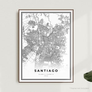 Impression carte de Santiago, poster plan de la rue Santiago, Chili, carte minimaliste moderne, oeuvre d'art murale de bureau, cadeau d'anniversaire de pendaison de crémaillère | MW142
