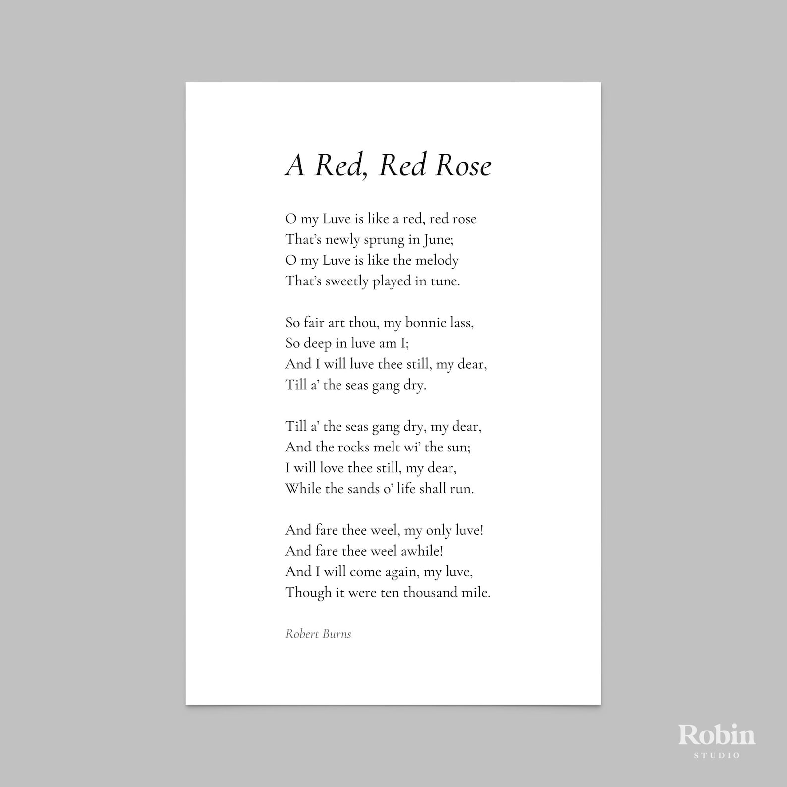 A Red Red Rose by Robert Burns Poem Print Poetry Print Gift Etsy