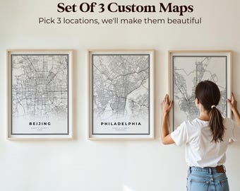 Set of 3 ANY CITY Map Posters, Personalized Map Prints, Custom Locations, Hometown Map, Modern Minimalist Decor, Home Office Wall Art | CU15