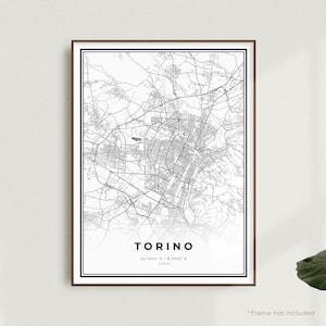 Impression de carte de Turin, poster plan des rues de Turin, Italie, carte minimaliste moderne, oeuvre d'art murale de bureau, cadeau d'anniversaire de pendaison de crémaillère | MW366