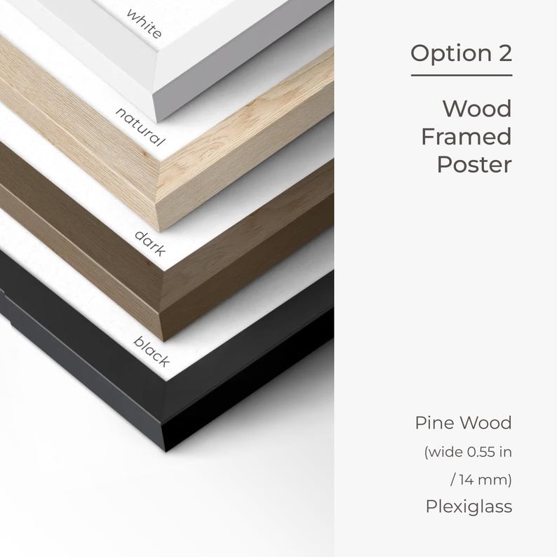 May include: Four wood frames in different colors: white, natural, dark, and black. The frames are stacked on top of each other. The text "Option 2 Wood Framed Poster" is in the upper right corner. The text "Pine Wood (wide 0.55 in / 14 mm) Plexiglass" is in the lower right corner.