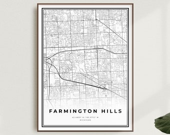 Farmington Hills Map Print, Farmington Hills Street Map, Michigan, Modern Minimalist Map, Office Art, Housewarming Birthday Gift | MU397