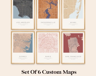 Set of 6 Personalized City Maps, Designer Color Palettes, Custom Location Home Town Streets Posters, Modern Map Wall Art for Home Office