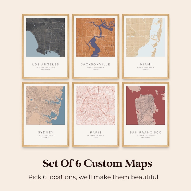 May include: Set of six custom maps featuring different cities around the world. The maps are printed in a minimalist style with a light beige background and red, blue, and brown lines. The cities featured are Los Angeles, Jacksonville, Miami, Sydney, Paris, and San Francisco.