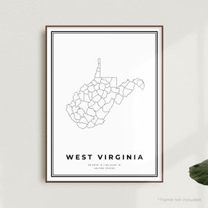 West Virginia Map Print, West Virginia Street Map Poster, United States, Modern Minimalist Map, Housewarming Birthday Gift | MU562