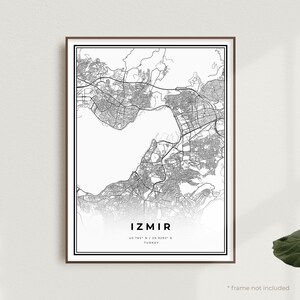 Impression de carte d'Izmir, affiche du plan des rues d'Izmir, Turquie, carte minimaliste moderne, oeuvre d'art murale de bureau, cadeau d'anniversaire de pendaison de crémaillère | MW299