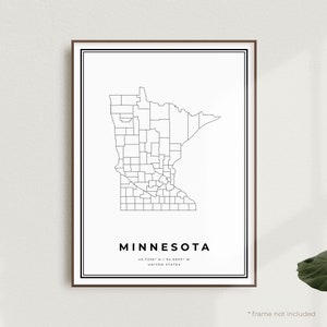 Impression de carte du Minnesota, affiche de carte des rues du Minnesota, États-Unis, carte minimaliste moderne, art mural de bureau, cadeau d'anniversaire de pendaison de crémaillère | MU544