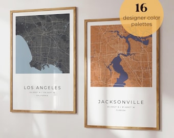 Set of 2 Personalized City Maps, Designer Color Palettes, Custom Location Home Town Streets Posters, Modern Map Wall Art for Home Office