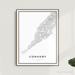 Impression de carte de Conakry, affiche de plan des rues de Conakry, Guinée, carte minimaliste moderne, oeuvre d'art murale de bureau, cadeau d'anniversaire de pendaison de crémaillère | MW261