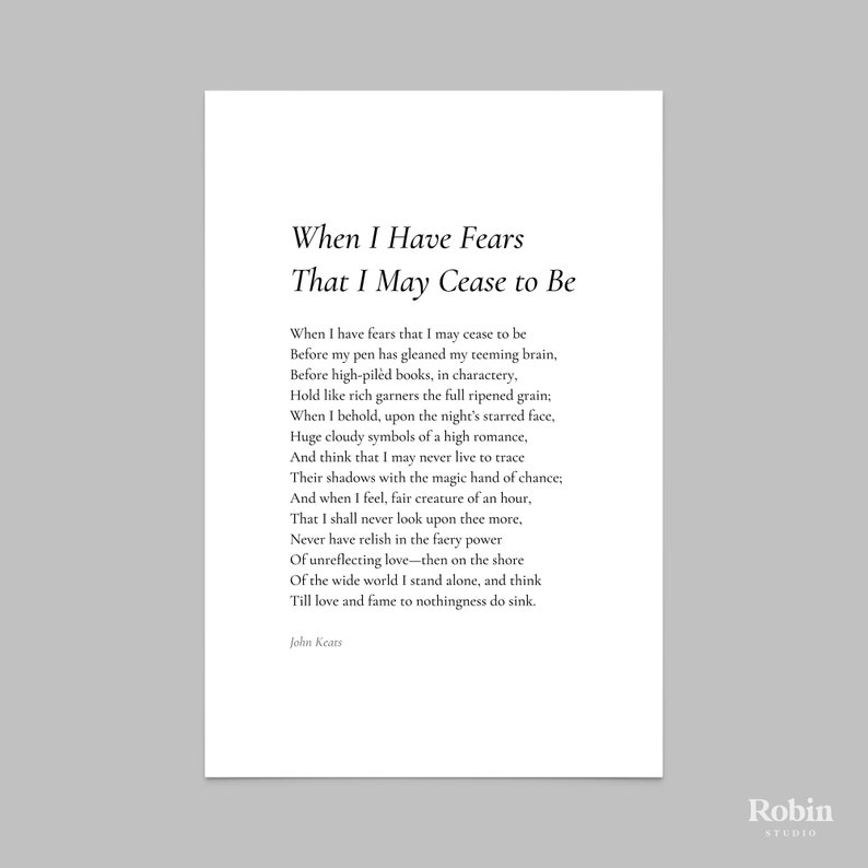 When I Have Fears That by John Keats Poem Print Poetry Print Etsy