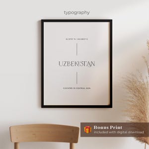 May include: A framed print with the word "UZBEKISTAN" in a minimalist font. The print includes the country's coordinates and the text "COUNTRY IN CENTRAL ASIA". The word "typography" is at the top.