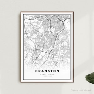 Cranston-kaartafdruk, Cranston-stratenkaartposter, Rhode Island, moderne minimalistische kaart, kantoormuurkunst, housewarming-verjaardagscadeau | MU405
